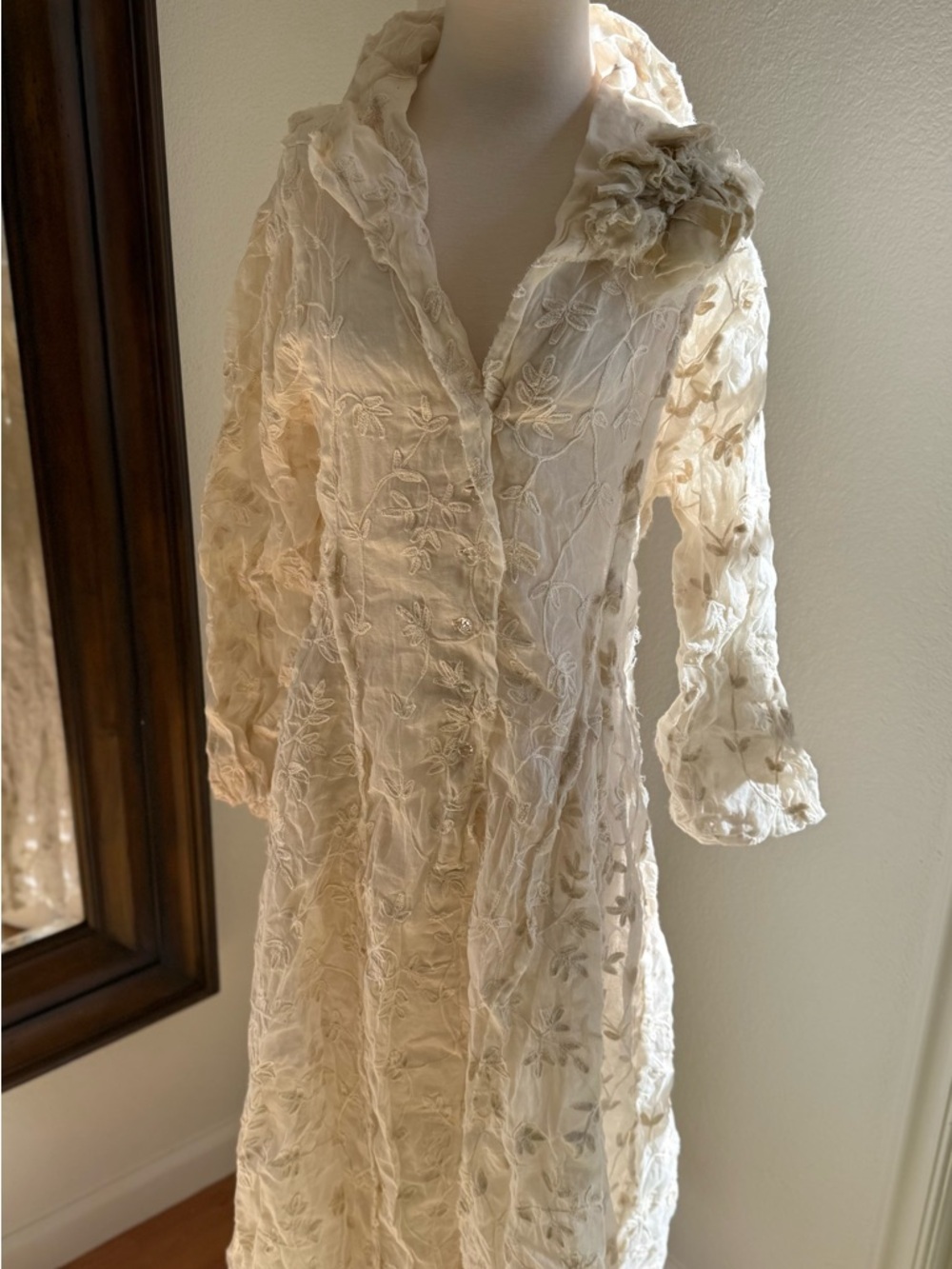 Krista Larson 3 Piece Embroidered Button-Front Cream Robe with Floral Detail